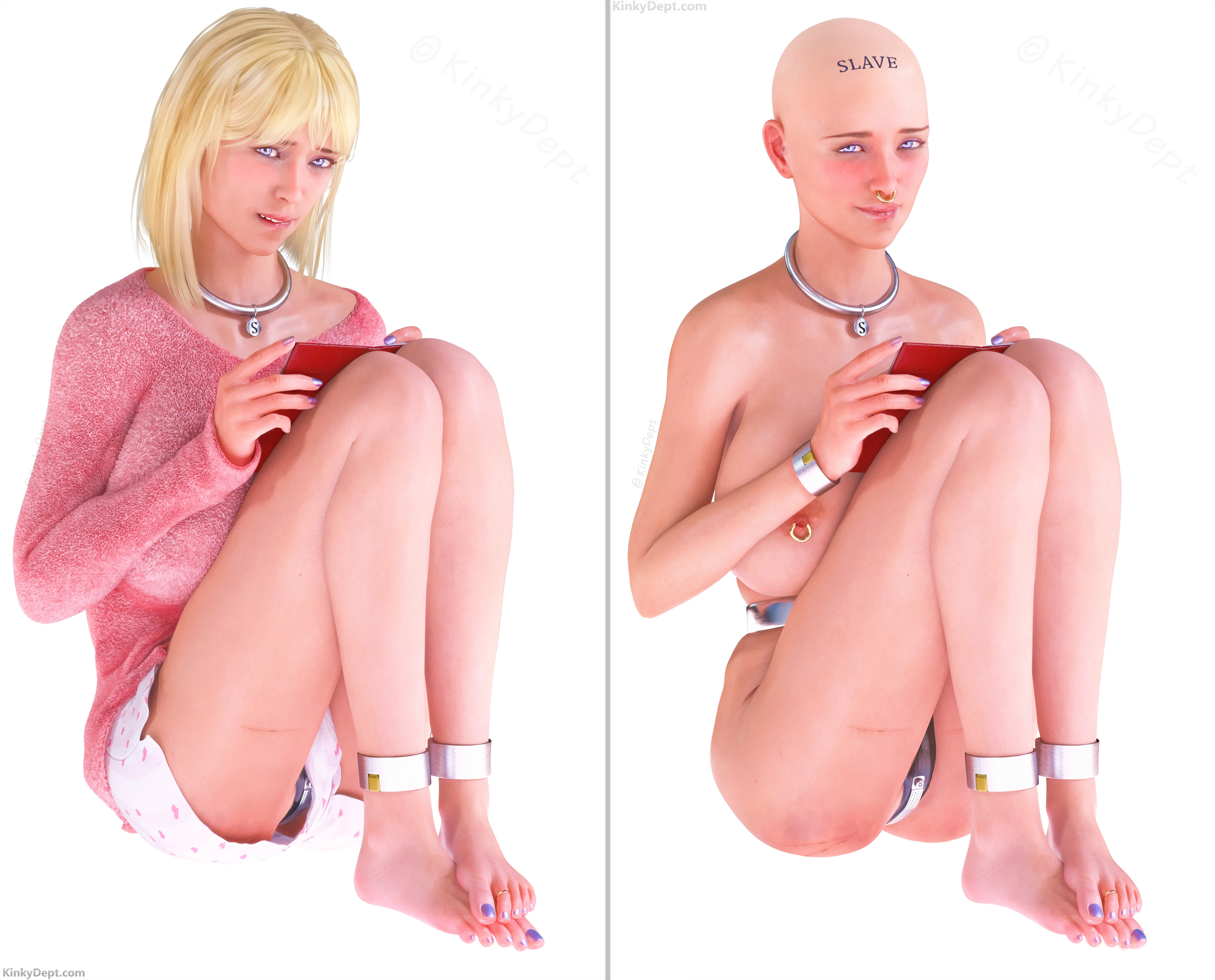 A submissive girl undresses and is completely transformed into a lowly, hairless slave girl, a human sex toy for her master, yet she seems content in her snug chastity belt.