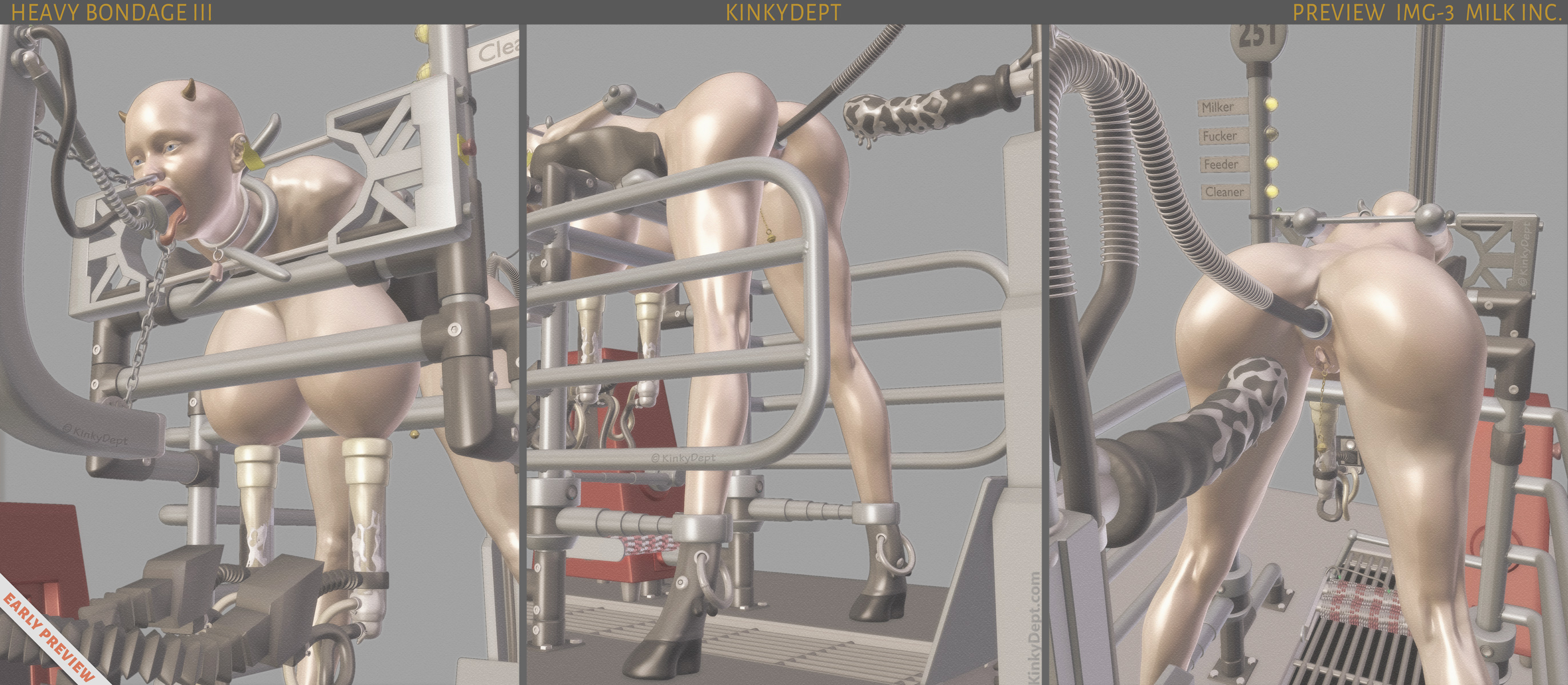 A female hucow gets processed like cattle. Armless, with horns, and hoof boots, her breasts are milked by high-power vacuum pumps.