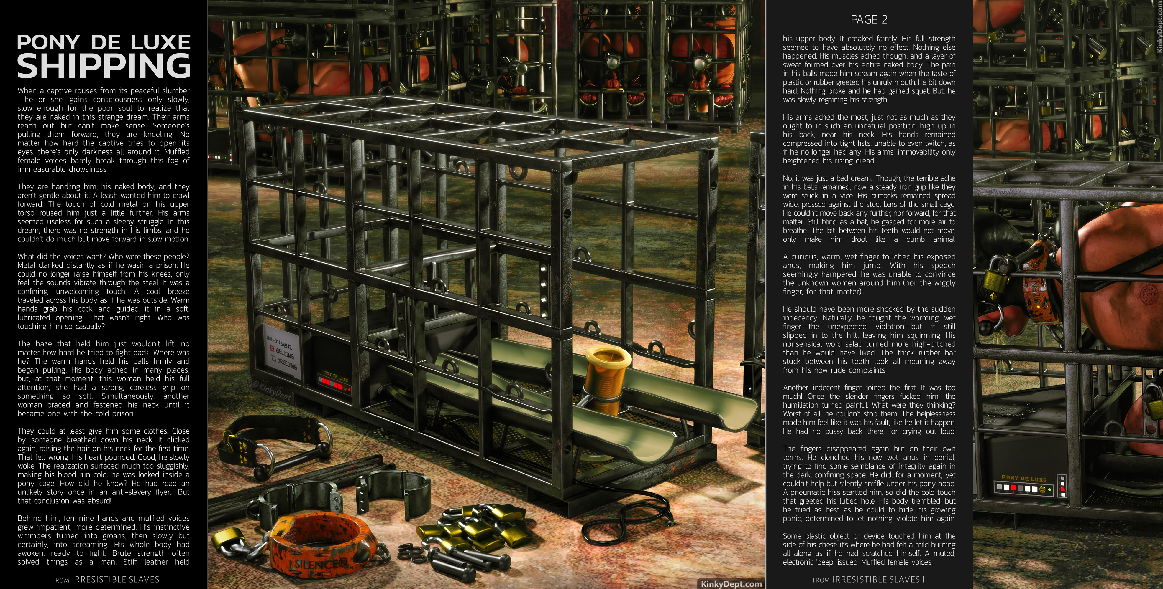 A BDSM drawing of a heavy slave cage with a milking machine and pneumatic buttplug.