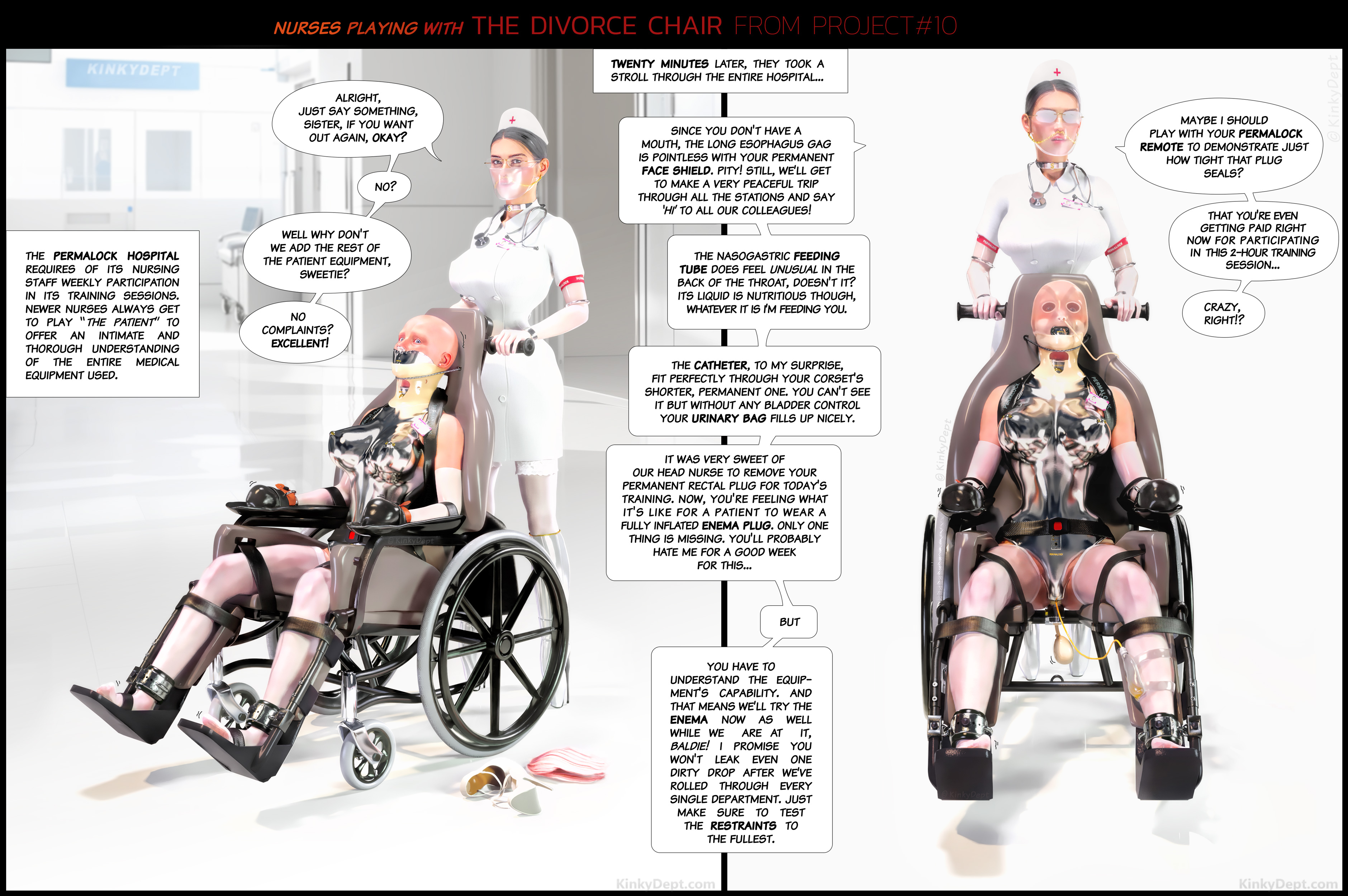Two kinky nurses are playing with medical restraints and put one chaste nurse in a bondage wheelchair.