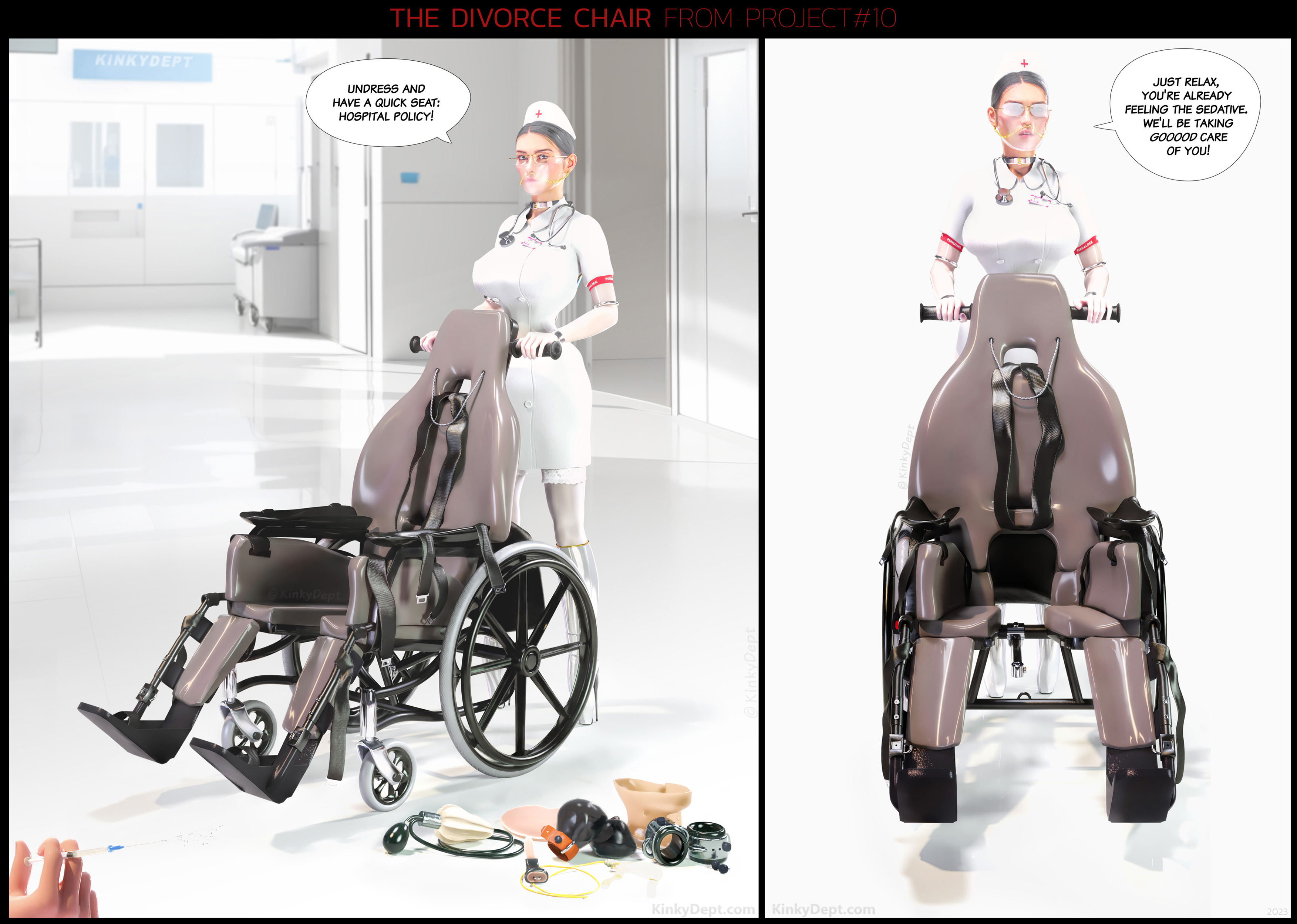 A restraining wheelchair for submissives as well as a safety chair for prisoners.