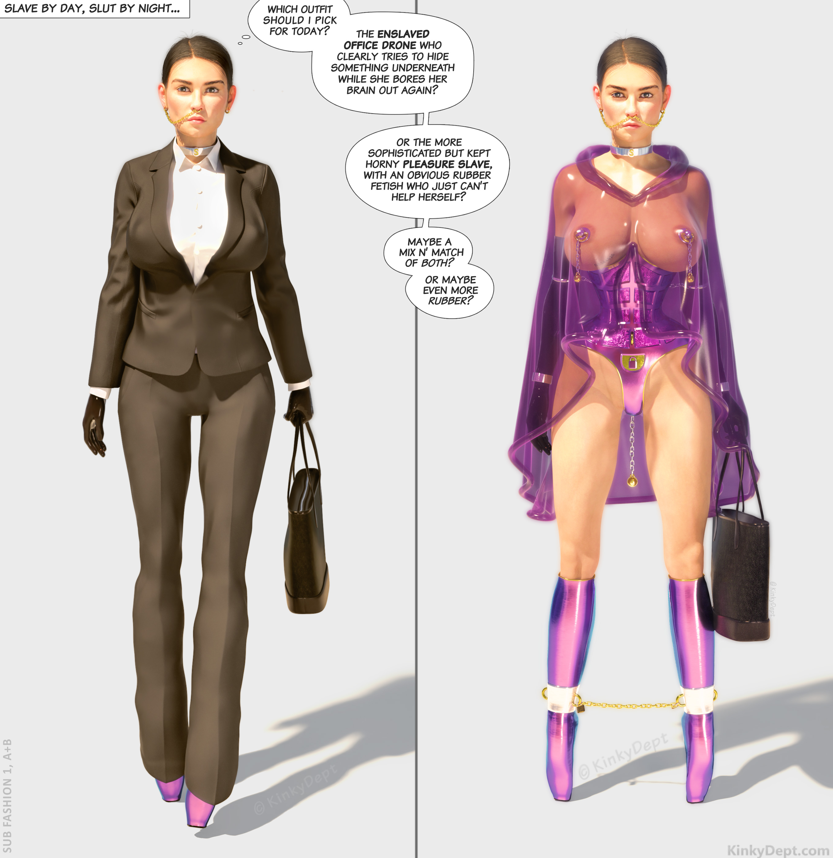 Office lady wearing hidden steel restraints in public. Female chastity belt corset and extreme ballet heels form a kinky outfit.