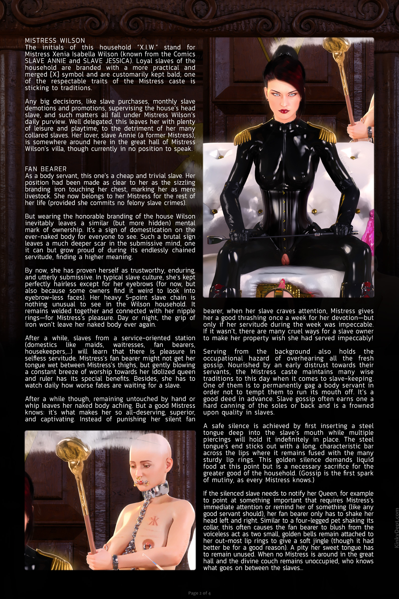 Powerful Mistress wearing her black rubber catsuit and corset, posing on her throne.