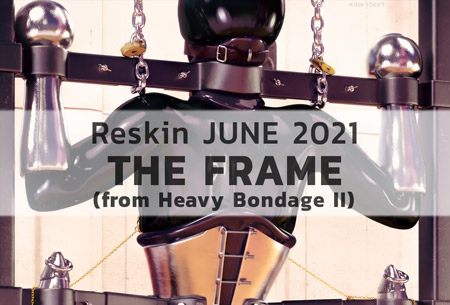 bondage art, steel ballet heels, steel mittens, bound male sub in bondage frame, rubber fetish