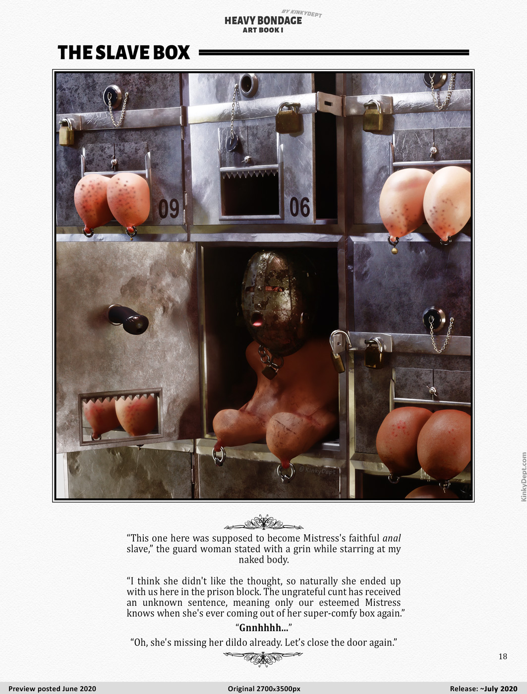 a slave girl wears a rugged steel mask and is put back in her punishment box, her slave tits look bruised and disfigured after having endured the punishment on her large breasts for so long, slave girl put in a steel box