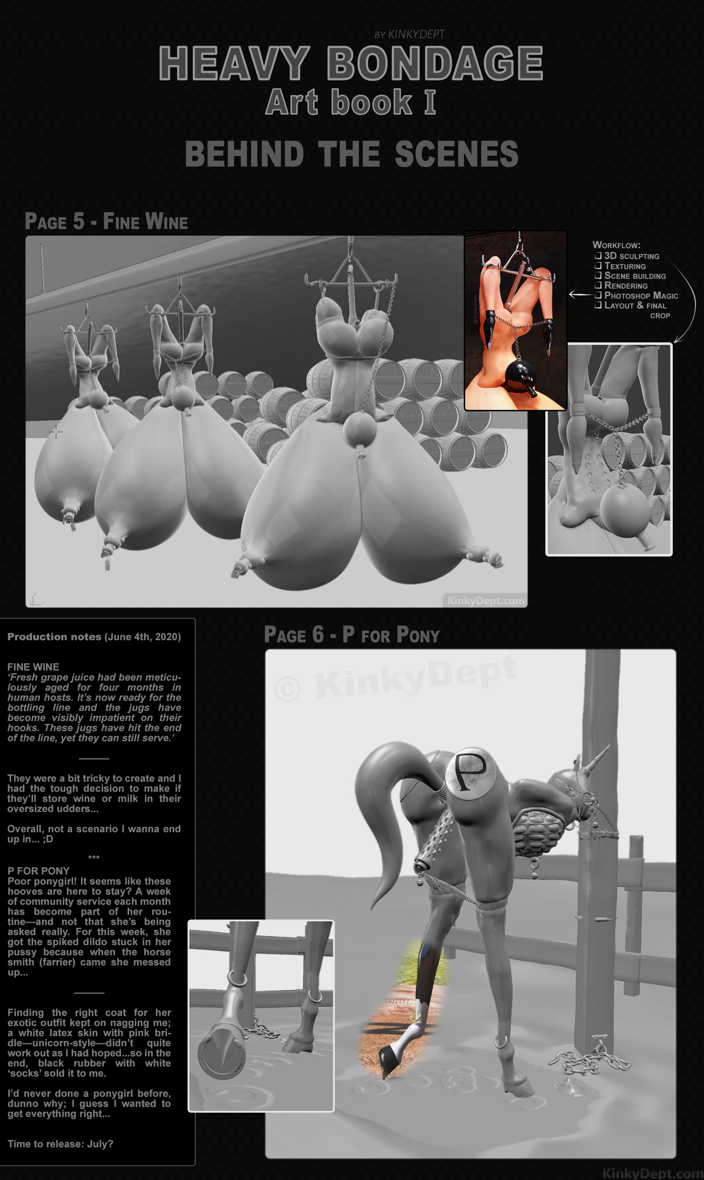 Making of of bdsm artwork, body inflation, slave girls with huge tits, forniphilia fetish, tits as wine barrels, rubber ponygirl, human pony with real hooves, amputation, bodymod, quad amputee girls