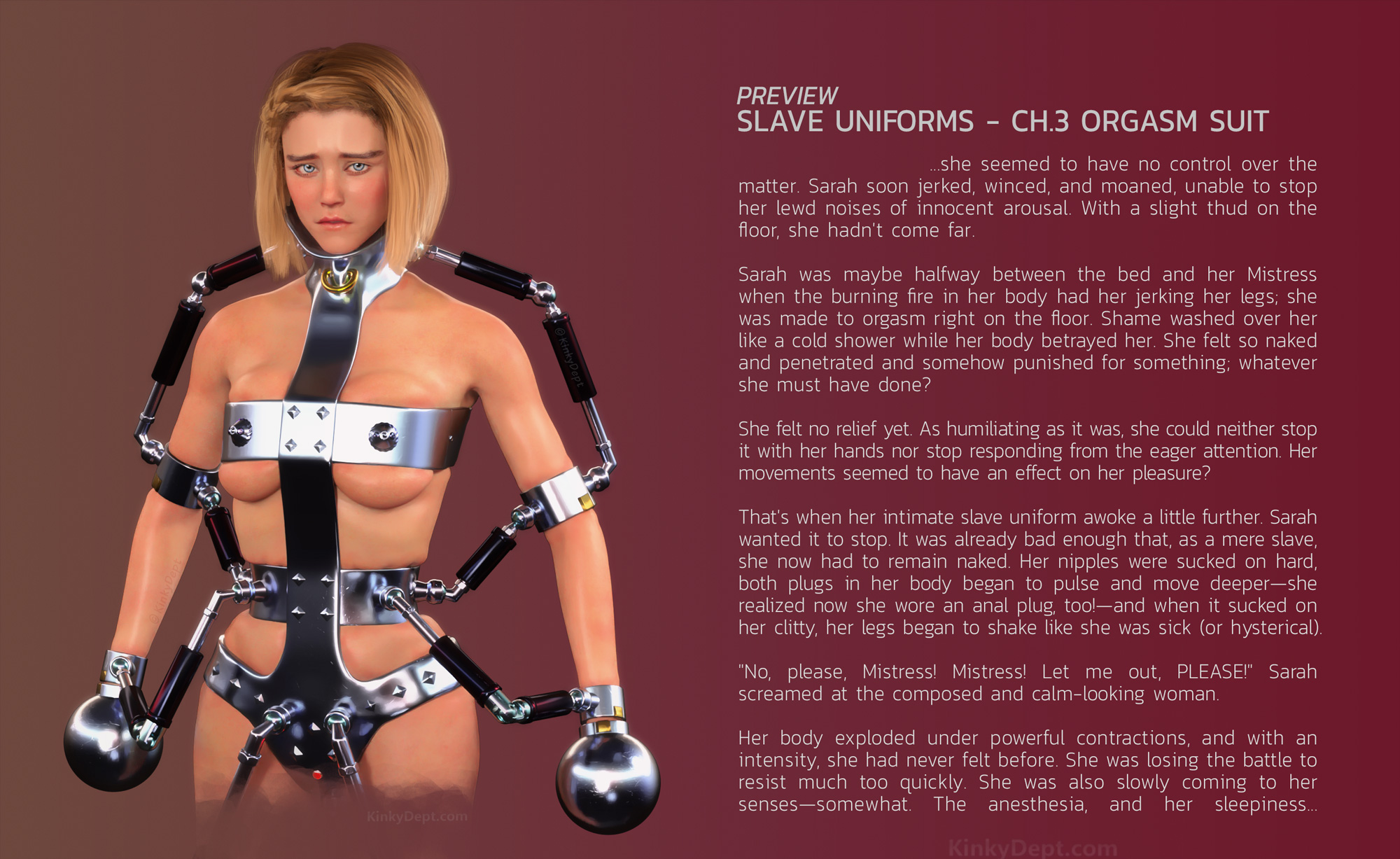 bondage drawing of blonde slave girl in heavy steel outfit