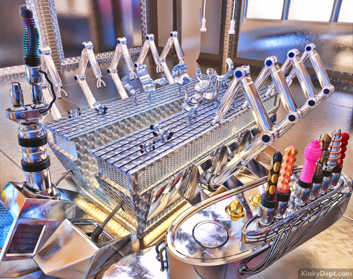 sm dungeon, sex dungeon, fucking machine, sex machine, dildos, crazy dildos, collection, exotic dildos, robotic arms, milking machine, enslavement room, scifi bondage